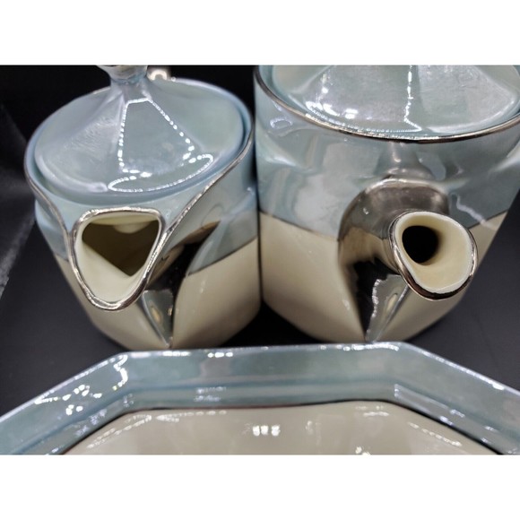Vintage Beyer & Boch Ceramic Tea Pot Creamer Set W/ Tray Blue Silver Iridescent - Picture 10 of 10